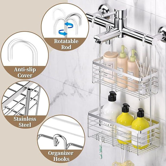 DELLAN Hanging Shower Organizer, 2-Tier Shower Rack with Hooks Over the Door, Bathroom Shower Caddy and Basket - ModernBath