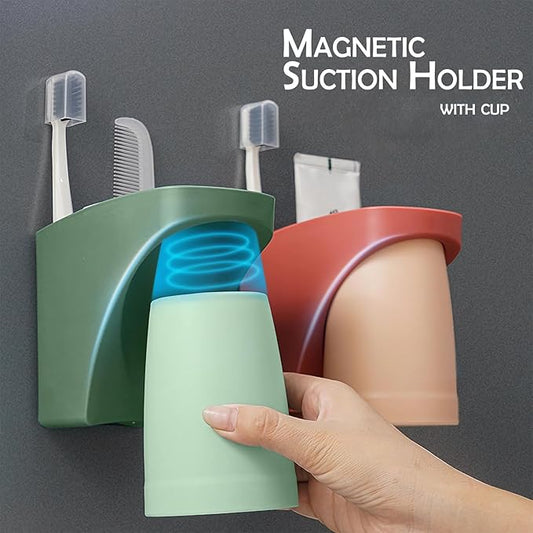 Magnetic Cup Holder for Bathroom, sgzscl Toothbrush Wall Mounted Toothpaste Storage Drain Drill-Free Space Saving Organizer for Family Members