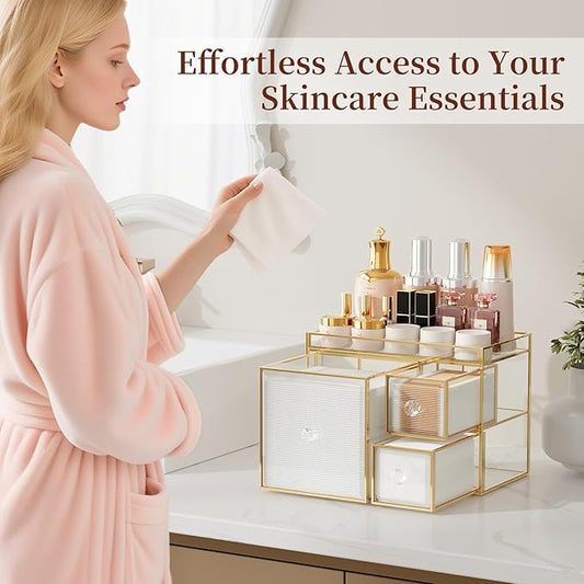 CoralHouse Multifunctional Face Towel Holder with 3 Drawers – Tempered Glass Cotton Pad & Swab Organizer – Disposable Face Towel Holder for Bathroom Vanity