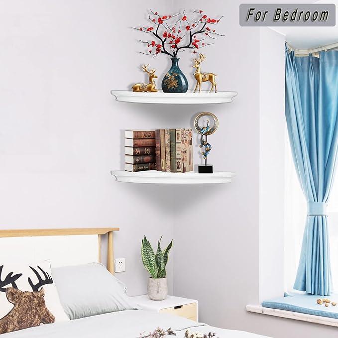 HAO Floating Corner Shelf Invisible Wall Mounted Shelves Radial Shape Cable Wire Hole Pattern Perfect for Bedroom Bathroom Living Room Kitchen Set of 2 White - ModernBath