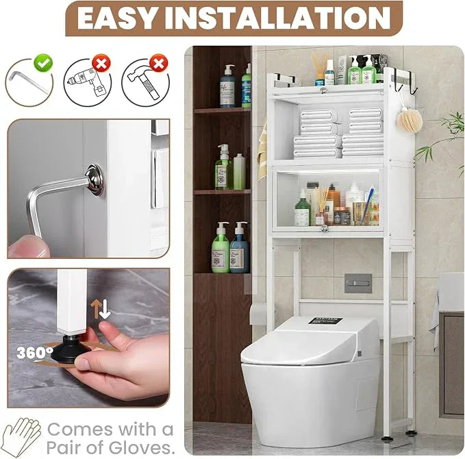 ZZL Over The Toilet Storage Cabinet,3-Tier,Bathroom Toilet Organizer,Waterproof, Cabinet Door Design,Freestanding Space Saver with 4 Hooks for Bathroom,White - ModernBath