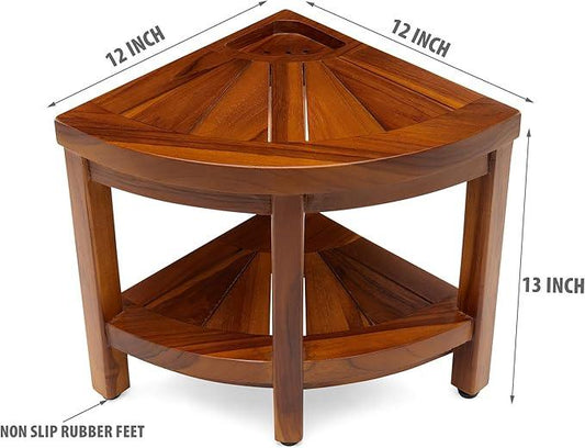 TeakCraft Corner Teak Shaving & Foot Rest with Shelf, 12" Fully Assembled, The Tilos - ModernBath