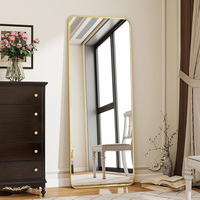 BEAUTYPEAK Full Length Mirror, 66"x23" Rounded Corner Floor Mirror Standing Hanging or Leaning Against Wall, Suitable for Dressing Room or Bedroom, Gold