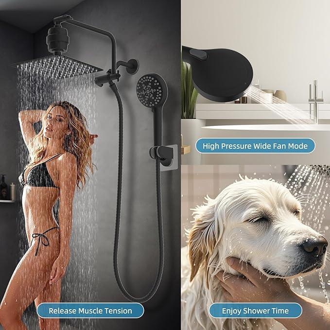 Filtered Shower Head, 10" High Pressure 10-Spray Handheld/Rainfall Shower Head Combo with 20 Stage Shower Filter, 11" Shower Extension Arm, 71" Hose, Shower Head Holder, Matte Black - ModernBath