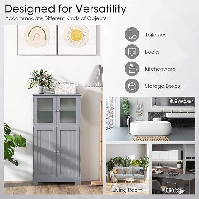 Tangkula Bathroom Floor Cabinet, Freestanding Storage Cabinet w/Glass Doors, Wood Kitchen Cupboard w/Adjustable Shelf, Bathroom Storage for Hallway Living Room Office (Cabinets, Grey)