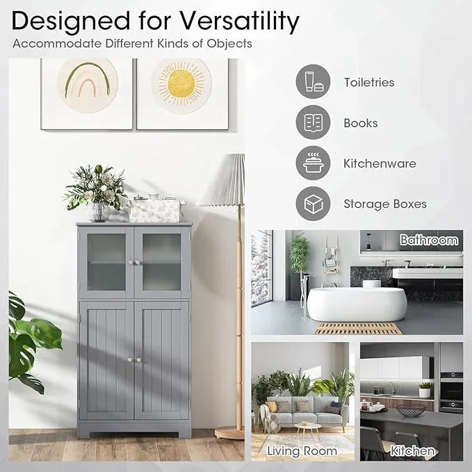 Tangkula Bathroom Floor Cabinet, Freestanding Storage Cabinet w/Glass Doors, Wood Kitchen Cupboard w/Adjustable Shelf, Bathroom Storage for Hallway Living Room Office (Cabinets, Grey) - ModernBath