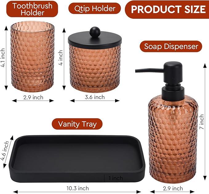 Bathroom Accessories Set,4 Pcs Amber Glass Bathroom Accessories Sets-Lotion Soap Dispenser,Toothbrush Holder,Qtip Holder Dispenser & Resin Vanity Tray,Countertop Vanity Organizer,Amber - ModernBath