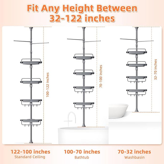 32-122inch Corner Shower Caddy Tension Pole Grey, Rustproof Drill-Free Shower Shelves for Bathroom Bathtub Washbasin, Adjustable Shower Organizer with 4 Tier Patent Stable Shelves & Towel Bars