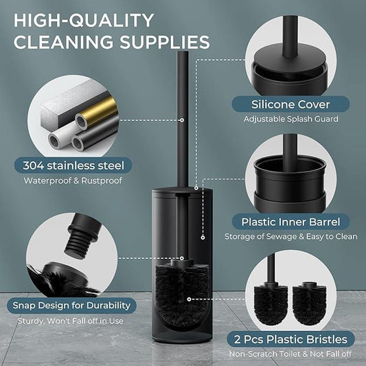 FORIOUS Toilet Brush and Holder Set Black, Heavy Duty 304 Stainless Steel Base and Long Handle Toilet Bowl Cleaners Brush, for Bathroom Storage and Organization, 2 Brush Head - ModernBath