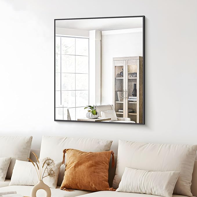 BONEWEI Bathroom Mirror,30x36 inch Wall Mirror for Bathroom Wall Mounted Black Rectangle Square Corner Mirrors, Black Bathroom Mirror for Living Room, Farmhouse, Bedroom Entryway, Horizontal/Vertical