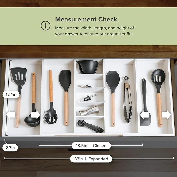 KitchenEdge Adjustable Kitchen Drawer Organizer for Utensils and Junk, Food-Safe Contract Grade with 100% Sustainable Wood, Expandable from 19 to 33 Inches Wide - White Bamboo - ModernBath