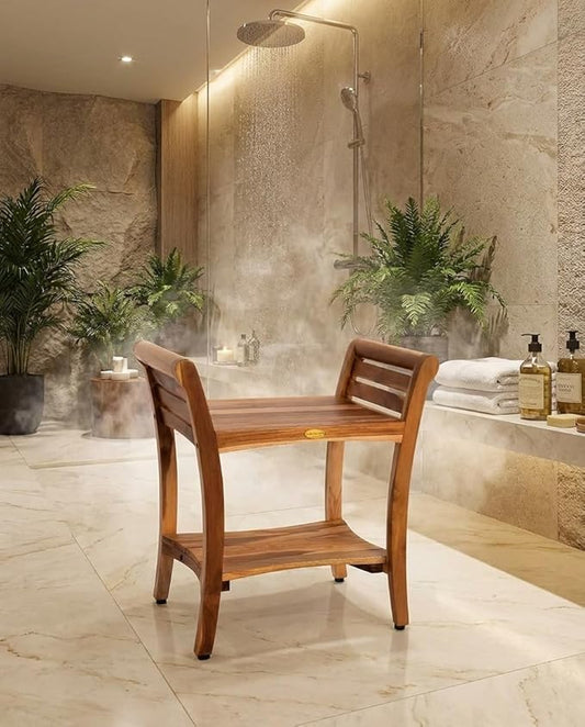 EcoDecors Symmetry 24 Inch Natural Color Waterproof Teak Wood Shower Bench Stool Seat Chair For Inside Shower Storage Shelf Provides Safety, Storage, and Organization For Bathroom Accessories