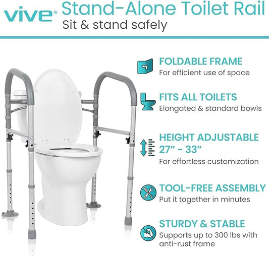 Vive Toilet Safety Rail - Medical Chair for Handicapped & Seniors - Folding Bathroom Frame w/Handles, Arms for Elderly, Disabled - Standalone Grab Bar - Seat Assistance Support Stand Up Assist