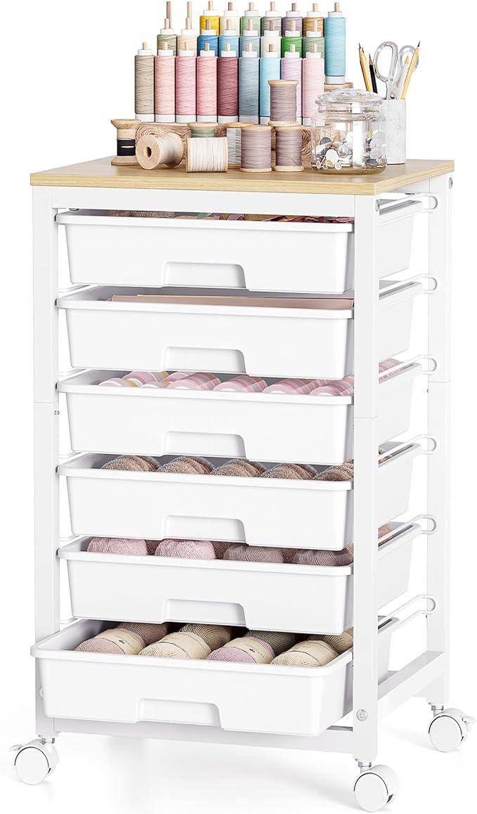 Rolling Storage Utility Cart with 6 Drawers and Wooden Tabletop for Under Desk Storage,White - ModernBath