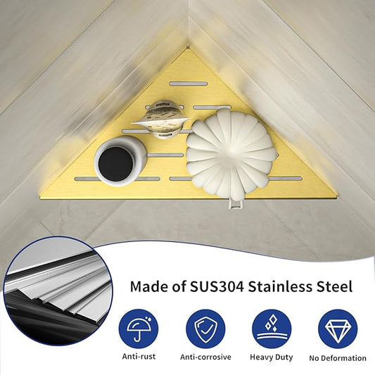 Corner Shower Shelf, 304 Stainless Steel Bathroom Shelf for Tiled Wall, Grout in Shelves (Gold, 10"-2 Pack)