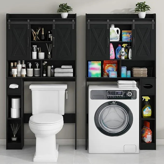 Vabches Over The Toilet Storage Cabinet, Farmhouse Storage Cabinet Over Toilet with Sliding Doors & Toilet Paper Holder Stand,Home Space-Saving Toilet Rack, for Bathroom, Laundry and Restroom.Black - ModernBath