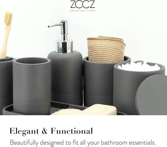 ZCCZ Gray Bathroom Accessories Set 6 Pieces - Toothbrush Holder, Lotion Dispenser, Qtip Container, Vanity Tray, Tumbler - Countertop Organizer for Bathrooms - Elegant and Functional Décor Set - ModernBath