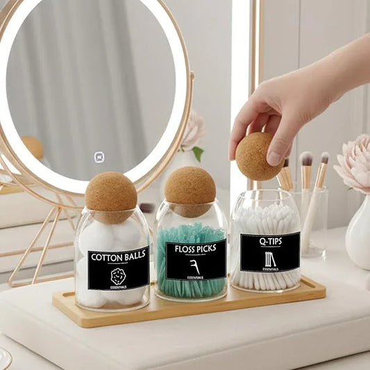3PCS Qtip Holder for Bathroom Set, 17oz Glass Apothecary Jars with Cork Lids and Tray, Cotton Ball and Swab Holder, Bathroom Containers Organizers and Storage with 9 Labels - ModernBath