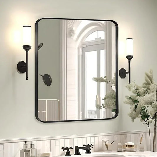 Minuover Black Metal Framed Bathroom Mirror for Wall, Brushed Matte Black Rounded Corner Rectangular Bathroom Vanity Mirror, Anti-Rust, Tempered Glass (30" x 36", Black) - ModernBath