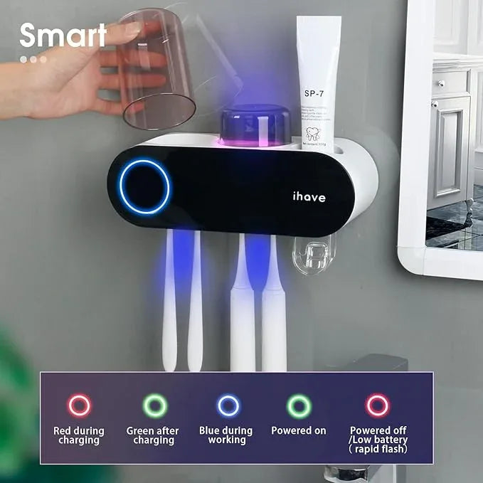 iHave Toothbrush Holders for Bathrooms, UV Toothbrush Sanitizer and Holder Smart Home Bathroom Accessories, 2 Cups Electric Toothbrush Holder Wall Mounted with Toothpaste Dispenser Bathroom Decor - ModernBath