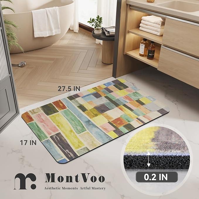 MontVoo -Bath Mat-Non Slip Thin Bathroom Rugs Fit Under Door- Quick Dry Absorbent Faux Suede Surface Grey Bathroom Floor Mats-Shower Rug for in Front of Bathtub Shower Colorful Plaid 17x27.5 - ModernBath