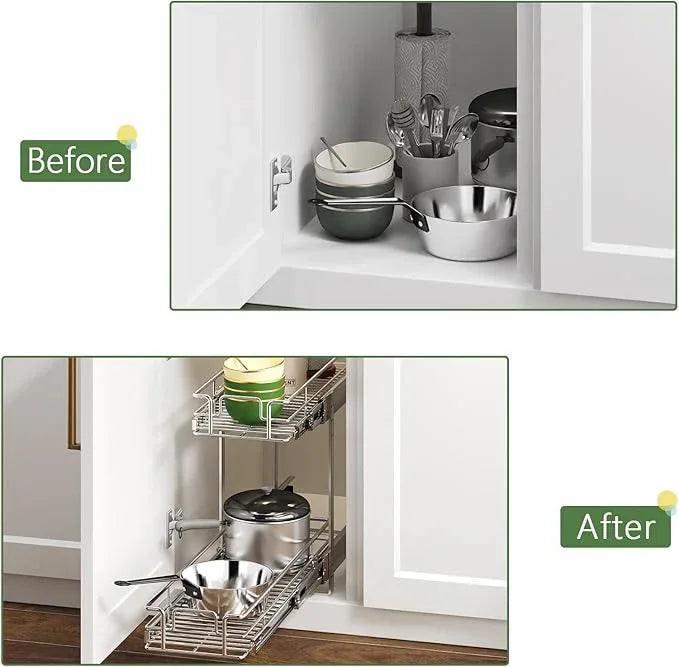 2 Tier Individual Pull Out Cabinet Organizer 9" W x 21½" D, Heavy Duty Cabinet Pull Out Shelves, Slide Out Drawers Organization for Kitchen Cabinets Bathroom - ModernBath