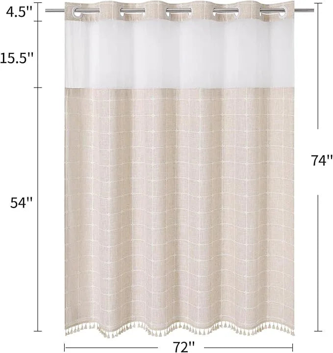 MitoVilla No Hooks Required Farmhouse Shower Curtain with Snap-in Liner - with Window & Magnets, Boho Cotton Linen Fabric Shower Curtains with Tassels for Rustic Bathroom Decor, Beige/Cream, 72 x 74 - ModernBath