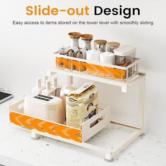2 Pack Under Sink Organizer, Heavy Duty Metal Slide Out Sink Shelf Organizer Height Adjustable, Multi-Purpose Storage Shelf for Kitchen Bathroom (Sand,2Pack) - ModernBath