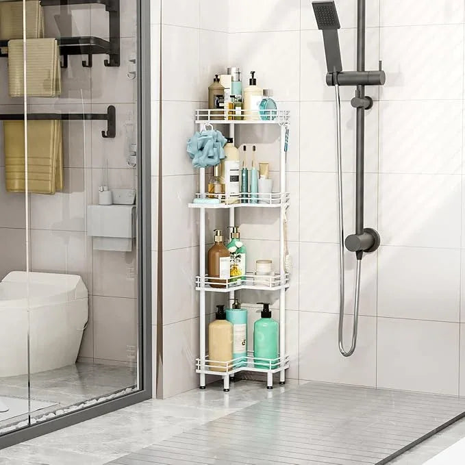 HapiRm Corner Shower Caddy Organizer - 4 Tier Shower Shelf Corner with Soap Holder, Rustproof Bathroom Standing Organizer with 4 Hooks, White - ModernBath