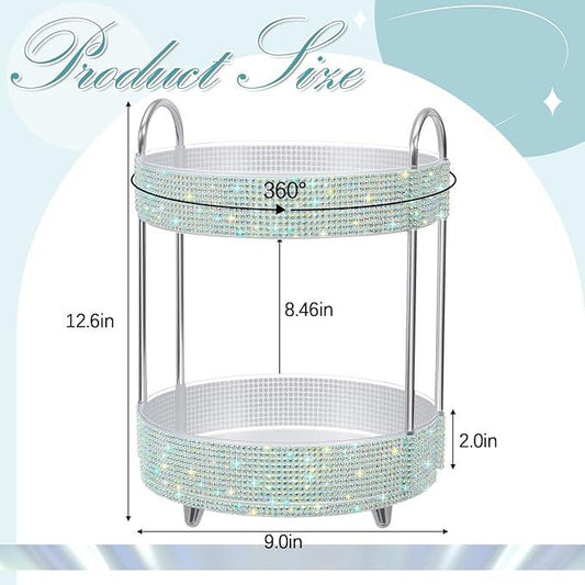 Honeydak 360 Rotating Perfume Organizer Rhinestone Bathroom Counter Organizer Makeup Holder with 2 Tiers Skincare and Perfume Storage, Large Capacity Vanity Storage for Cosmetic Countertop Decor - ModernBath