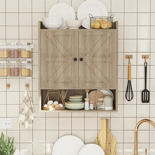 EasyCom 22" W x 26" H Bathroom Wall Cabinet, Farmhouse Medicine Cabinet with Adjustable Shelves and Double Barn Doors, Over The Toilet Storage Cabinet for Bathroom, Kitchen, Living Room, Oak Grey - ModernBath