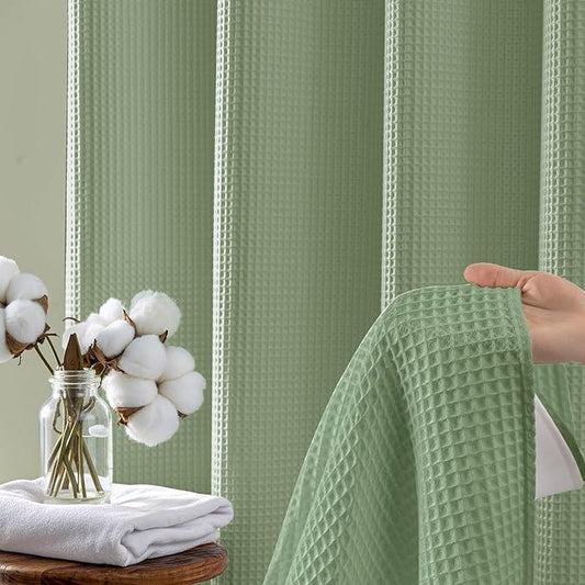 River Dream Sage Green Fabric Shower Curtain Set, Cotton Blend, Waffle Weave, with Snap in Replacement Liner,71 x 86 inches - ModernBath