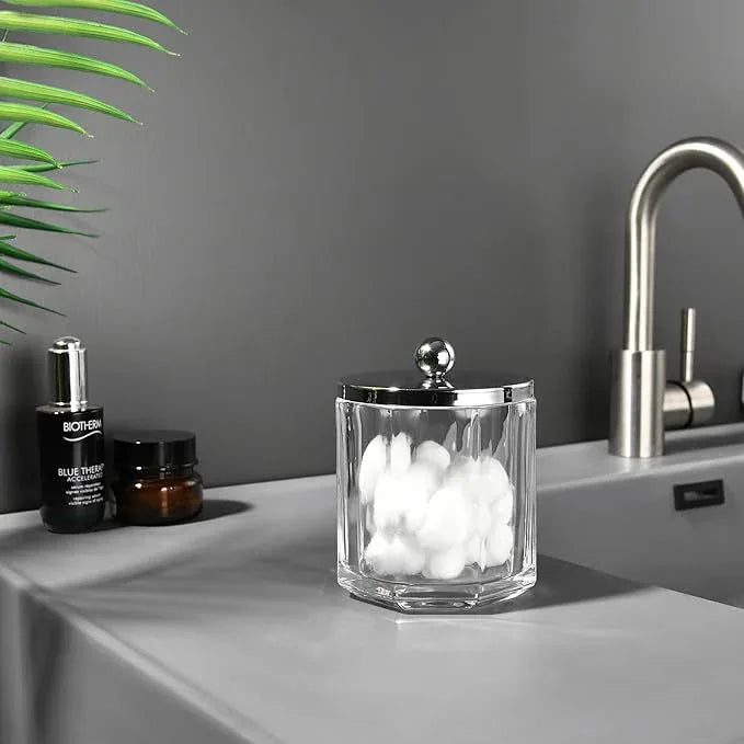 Indecor Home Clear Transparent Apothecary Octagional Shaped Glass Canister Jar With Silver/Chrome Metal Lid Cover for Bathroom Organization, Cotton Balls, Q Tips, and Small Accessories, Bath Storage - ModernBath