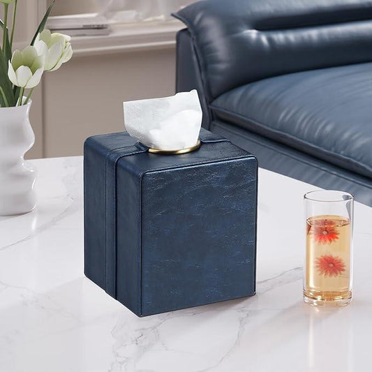 Cretkhp Luxury Square Tissue Box Cover, PU Leather Tissue Box Holder with Magnetic Closure and Gold Decorative Grommets for Bathroom Bedroom, Decorative Elegant Cube Tissue Holder (Blue) - ModernBath