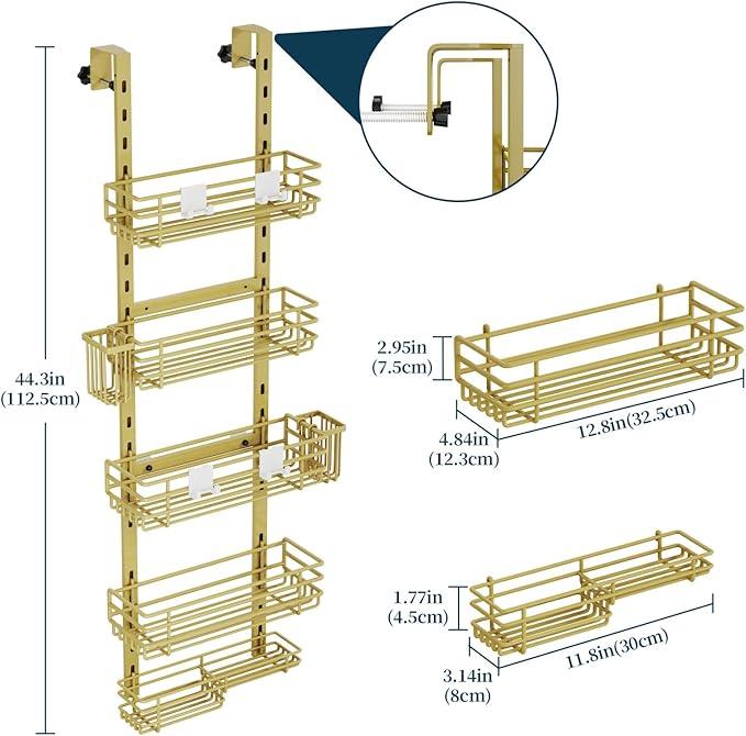 Consumest Over The Door Shower Caddy - 5 Tier Adjustable Shower Organizer Hanging with 2 Toothbrush Holders & 4 Hooks, Rustproof Organizer Shelf, Storage Rack for Bathroom, Gold - ModernBath