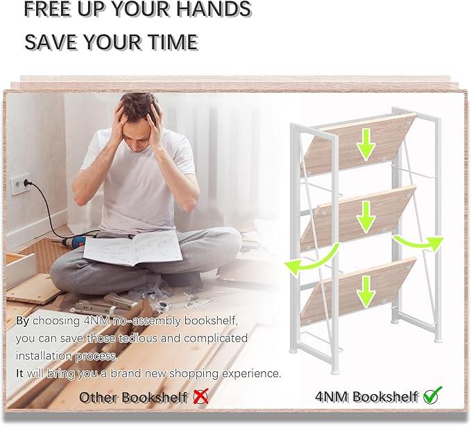 4NM No Assembly Folding Bookshelf Storage Shelves 3 Tiers Vintage Bookcase Standing Racks Study Organizer Home Office (Natural White) - ModernBath