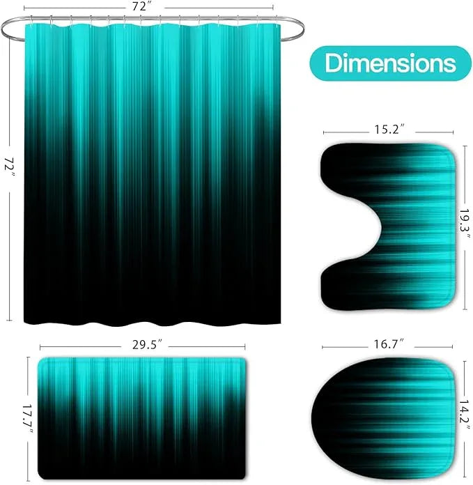 Litabel 4 Pcs Teal and Black Gradient Shower Curtain Set with Rugs and Toilet Lid Cover, Modern Simple Waterproof Fabric Bathroom Set, Ombre Stripe Gothic Abstract Bathroom Decor Set Accessories - ModernBath