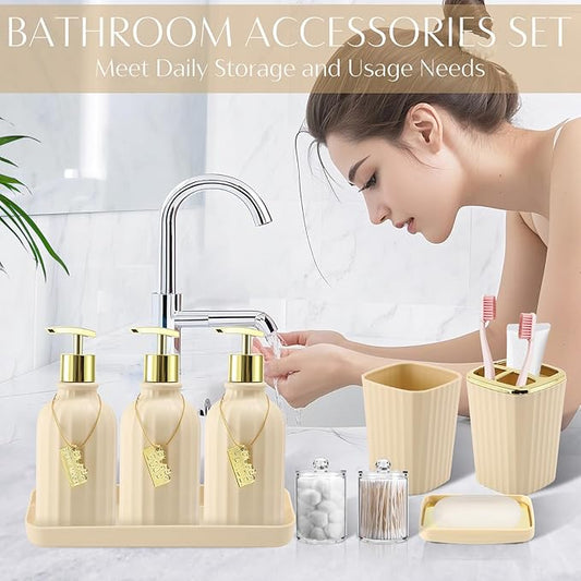 WSBArt 17PCS Bathroom Accessory Set Bathroom Set Beige Bathroom Accessories,Toilet Brush, Trash Can, Qtip Holder Dispenser& 3PCS Soap Dispenser