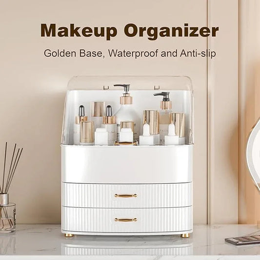 Plukers Makeup Organizer Countertop Vanity with Transparent Lid Drawers Waterproof Dustproof Cosmetic Skincare Bathroom Storage Gift for Women Teens Girls (Whtie) - ModernBath