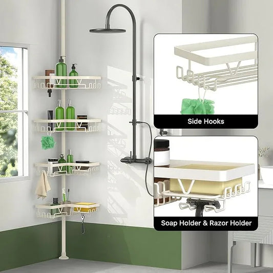 KEGII Shower Corner Caddy Tension Pole, Rustproof Corner Bathroom Organizer, No Drilling Bathtub Shelf for Inside Shower, Waterproof Bathroom Tub Organizer, Fits 25-114.2 Inch Height, Cream White - ModernBath