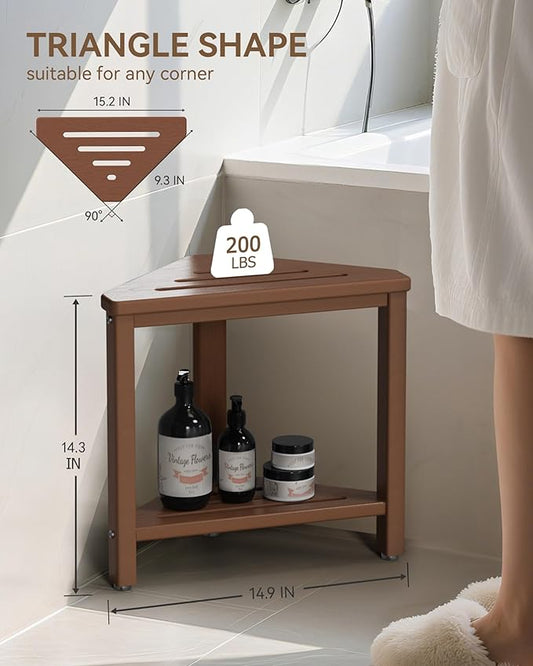 Teak Shower Foot Rest 15in, HDPE Waterproof Shower Stool for Inside Shower, Corner Shower Stool for Shaving Legs with Storage Shelf for Small Space, Shower Step Stool, Plastic Corner Shower Bench