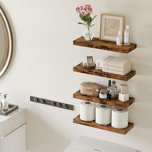 Fixwal 15.8in Wall Shelves, Rustic Wood Finish Floating Shelves Set of 4, Shelves for Wall Decor, with Invisible Brackets for Bathroom, Living Room,Bedroom and Kitchen(Rustic Brown) - ModernBath