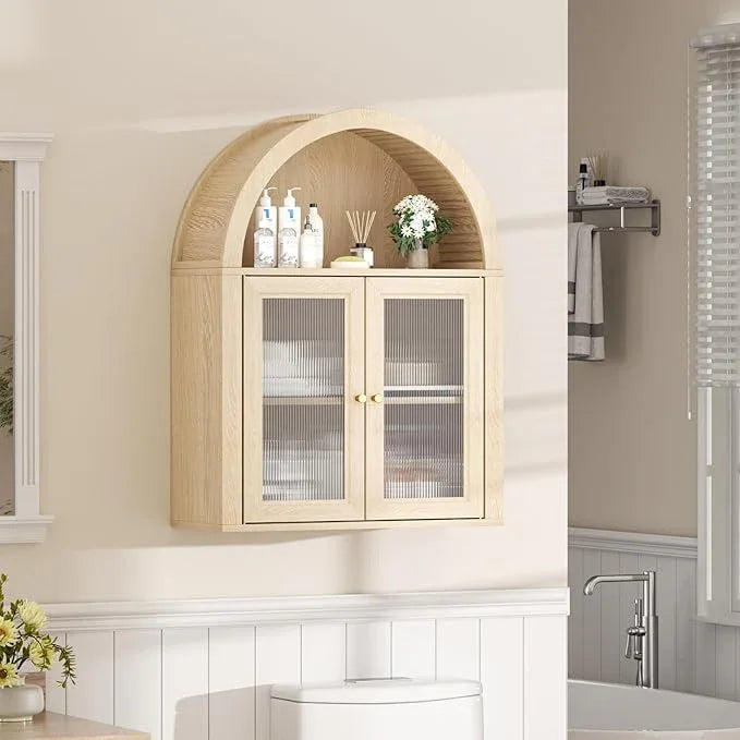 Arched Bathroom Cabinet, Wall Mounted Bathroom Cabinet with Tempered Glass Doors and Adjustable Shelf, for Kitchen, Living Room, Laundry Room, Restroom, Oak - ModernBath