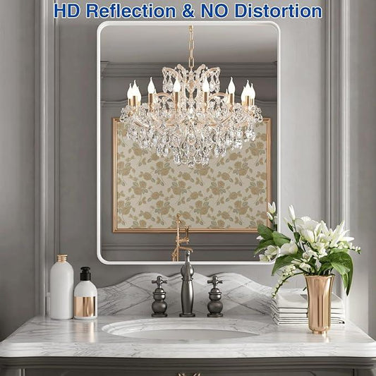 WEER White Bathroom Mirror 22X30 Inch, Rounded Rectangle White Metal Frame Mirror, Matte White Bathroom Vanity Mirror with Tempered Glass, Anti-Rust, Hangs Horizontally or Vertically - ModernBath