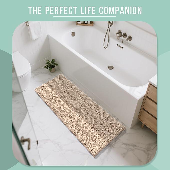 Yimobra Bathroom Runner Rugs 55"x24", Non Slip and Absorbent Bath Mat, Super Soft Water Absorbent Hallway Carpet, Machine Washable Rug for Vanity Tub Shower, Beige - ModernBath