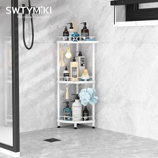 SWTYMIKI Corner Shower Caddy Standing - 3 Tier Stainless Steel Shower Organizer Stand with 4 Hooks & Soap Holder, Rustproof Metal Standing Tall Floor Shower Shelf and Bathroom Organizer, White - ModernBath