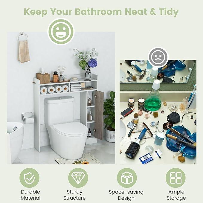Giantex Over The Toilet Storage Cabinet, Freestanding Bathroom Organizer w/Single Door Cabinet & Open Shelves, Space-Saving Toilet Rack w/Adjustable Shelves for Laundry Room (White) - ModernBath