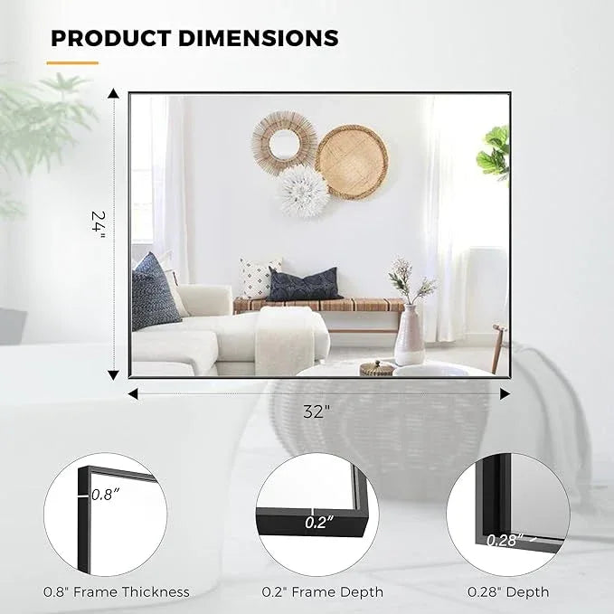 Bonverre 24x32 Inch Black Bathroom Mirror for Wall, Aluminum Frame Rectangle Rectangular Vanity Mirror, Modern Large for Bedroom, Living Room, Horizontal or Vertical - ModernBath