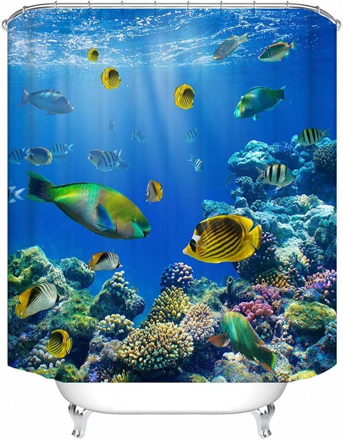 LYFANS Waterproof Polyester Fabric Shower Curtains, Seaworld Print Large Width Partition Curtain, Bathtub Shower Curtain Liner, 12 White Hooks (72x72 inches) - ModernBath