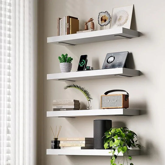 Solid Wood Floating Shelves 24'' Long, 8'' Deep Wall Mounted Shelves with Heavy Duty Brackets, Max Load 150 lbs, Wall Shelves for Bathroom Kitchen Living Room, 24 x 8 x 1.6 in, White, Set of 2 - ModernBath